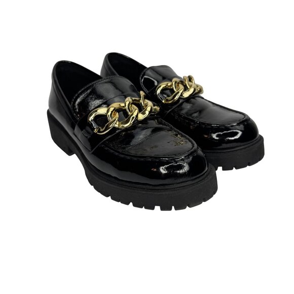 Vintage SODA Black Patent Leather Chunky Y2K Loafer Gold Chain Accent 7.5M Goth - Picture 1 of 10